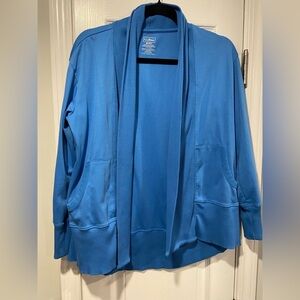 L.L. Bean Size MP Blue Supima Cotton Open Front Cardigan Pockets Ribbed Trim